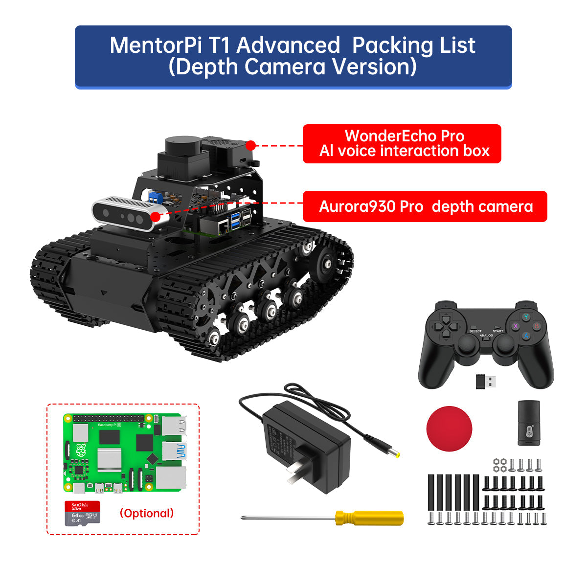 Image of MentorPi T1 Raspberry Pi Robot Car Tank Chassis ROS2 ChatGPT SLAM Autonomous Driving