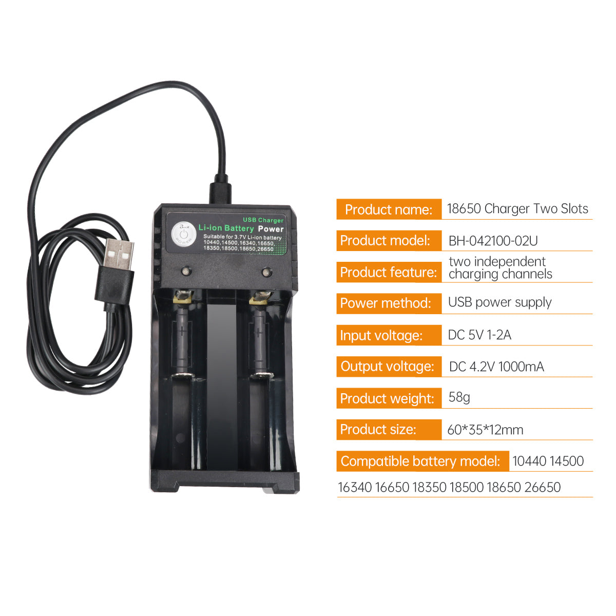 Image of Li-ion Battery 2-Slots 18650 Charger with USB