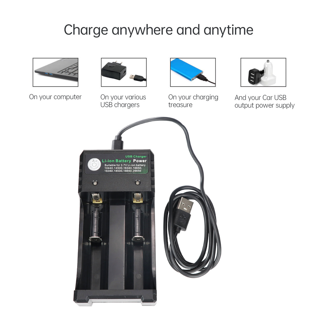 Image of Li-ion Battery 2-Slots 18650 Charger with USB