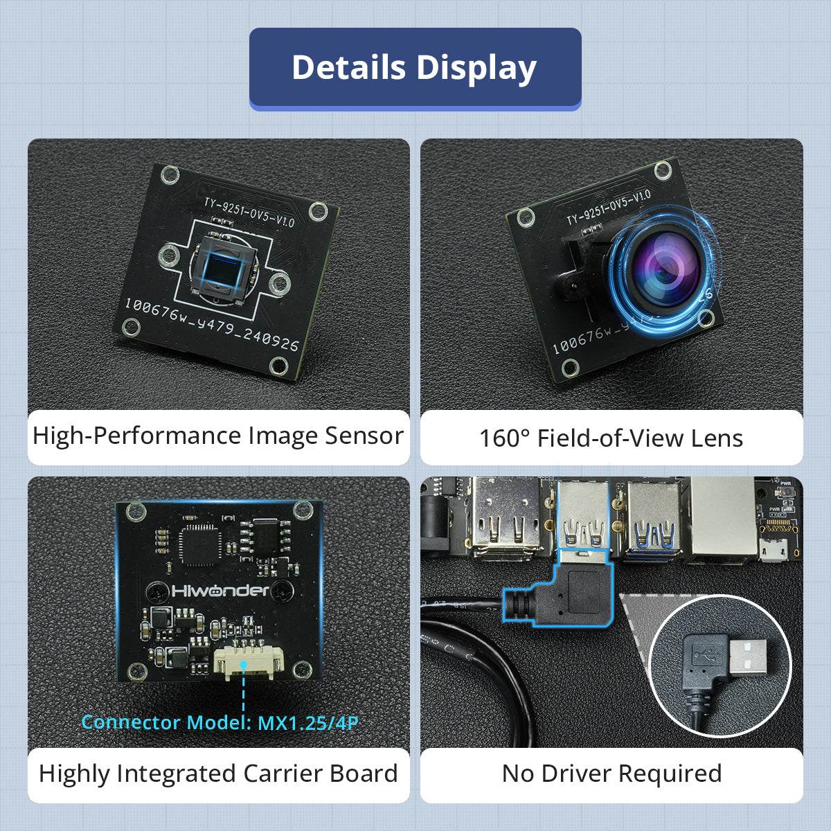 Image of 5-Megapixel USB Wide-Angle Camera 160 FOV Driver-Free ROS Raspberry Pi Jetson